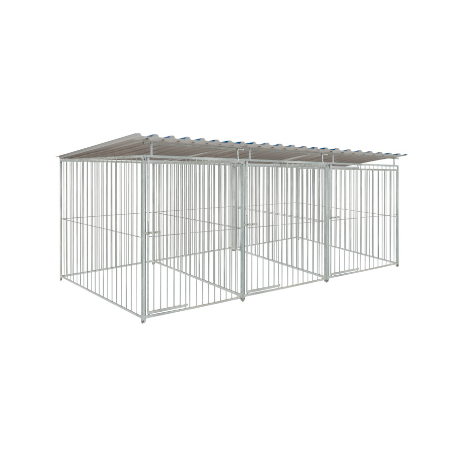 Basic spijlen 8cm hondenkennel driedubbel 2 X 1,5m compleet met dak