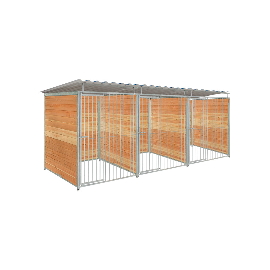 Douglas hout hondenkennel driedubbel 1,5 X 1,5m compleet met dak